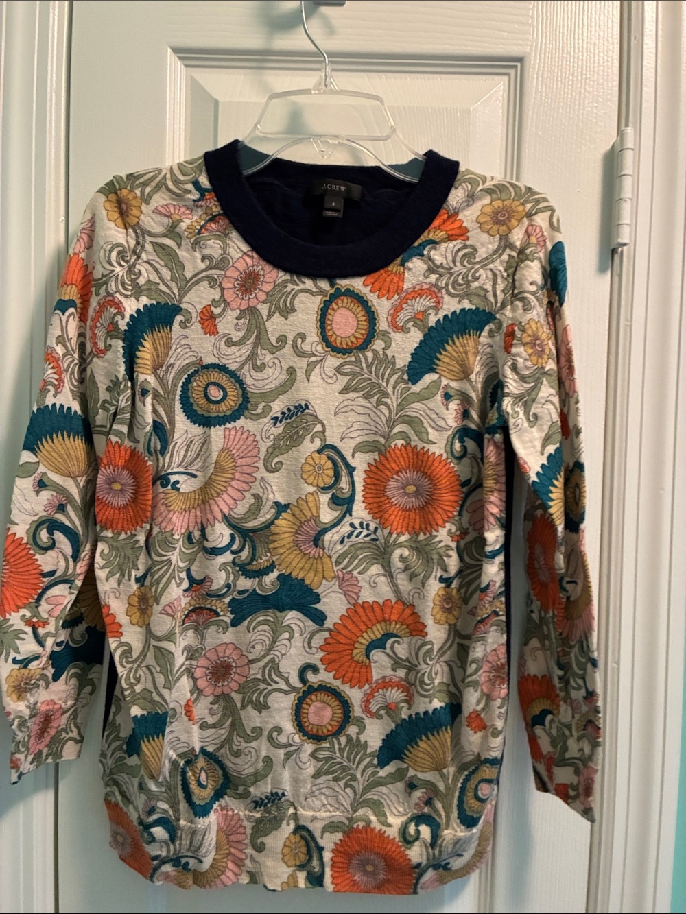 J. Crew Floral Crewneck Sweatshirt in Teal, Orange, Pink, Cream3/4 sleeves